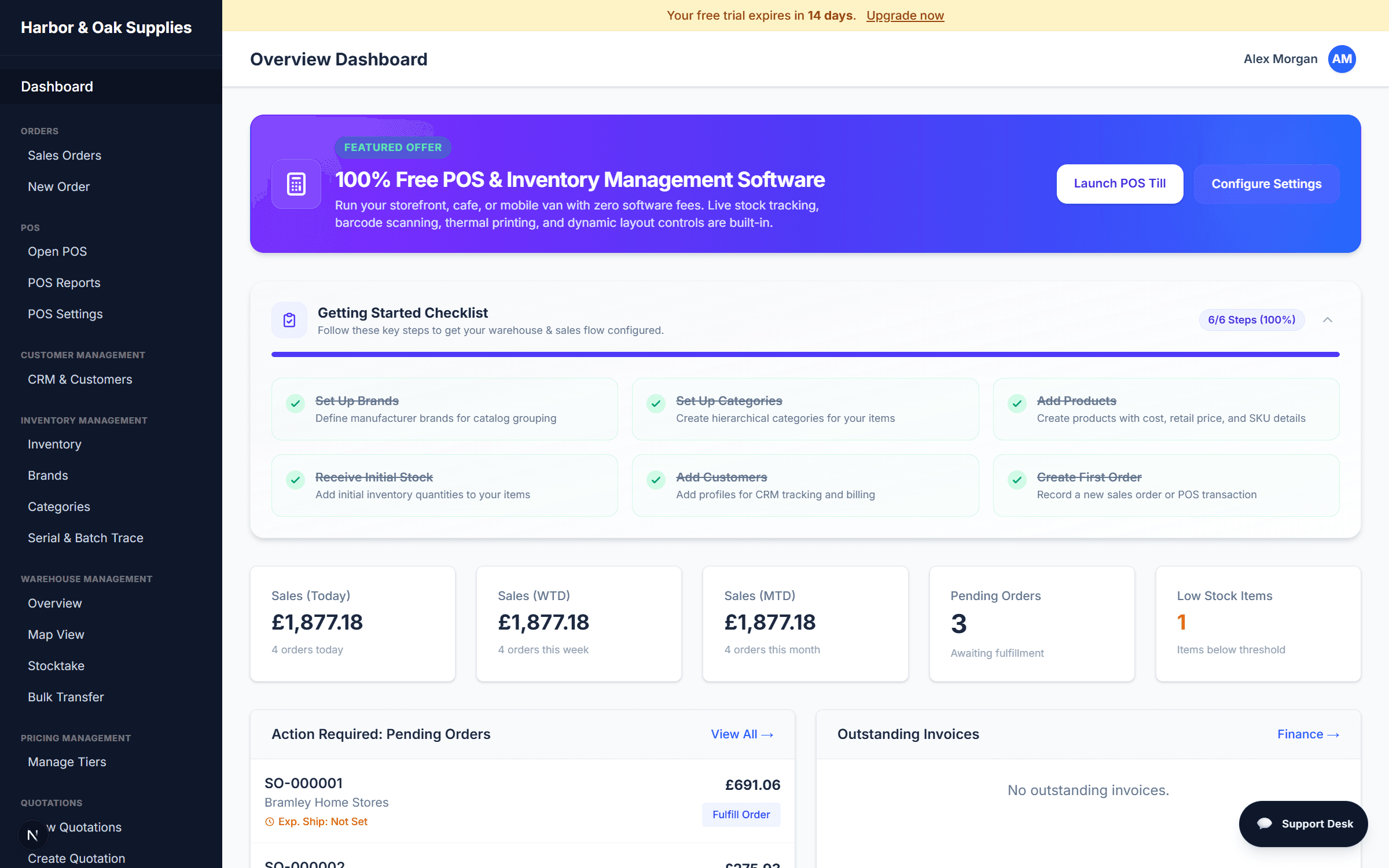 WMSBIZ overview dashboard showing live sales totals, pending orders, low stock alerts, and the getting-started checklist