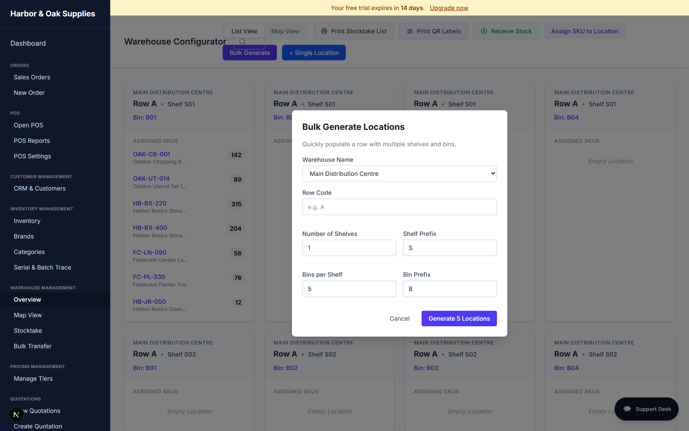 The Bulk Generate Locations modal with warehouse, row code, shelves and bins-per-shelf inputs