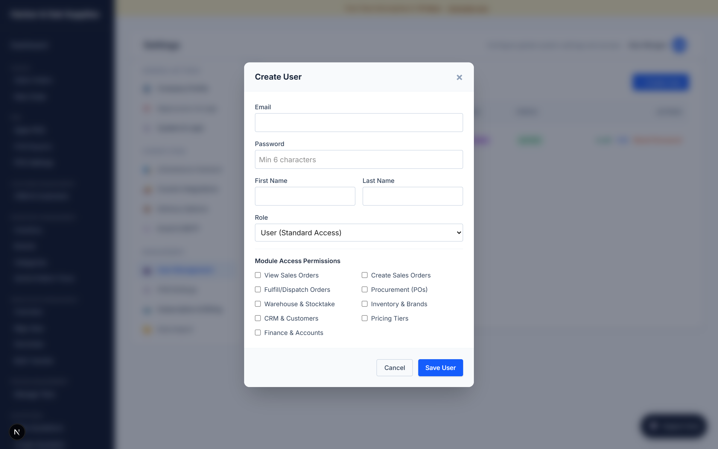 The Create User modal with role selection and per-module access permission toggles