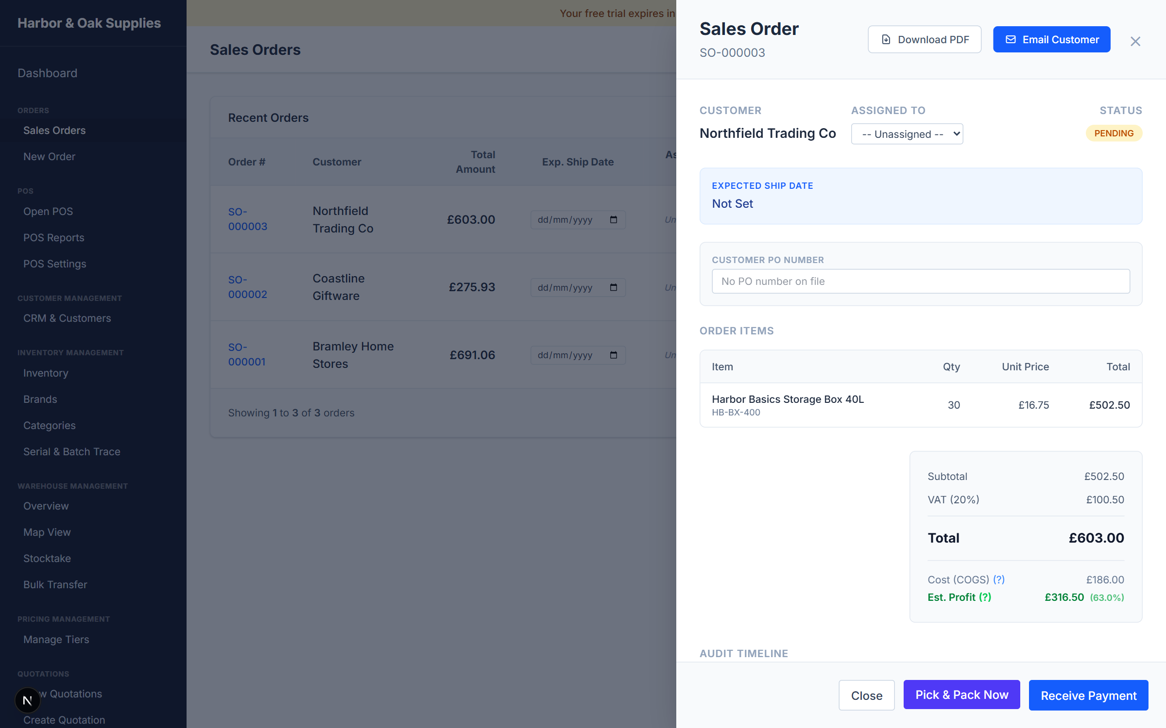 The Sales Order detail view showing customer, order items, VAT totals, estimated profit, and the audit timeline